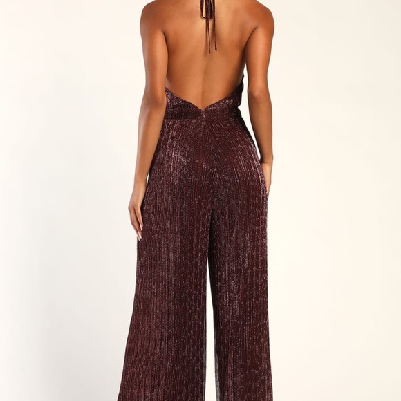 Lulu’s Walk on Sunshine Shiny Plum Wide-Leg Halter Jumpsuit - Picture 2 of 3